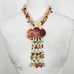 Statement  Handmade Carved Agate Flower and Mixed Beads Beaded Necklace